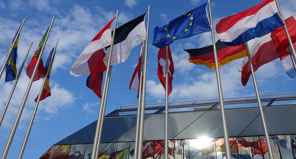 Flaggen europäischer Länder wehen vor dem Europaparlament und spiegeln sich in Fenstern.
