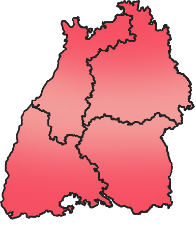 Eine brote, vereinfachte Karte des Bundeslands Baden-Württemberg auf der die Standorte der genehmigten Schwerpunkt-Realschul-Trios markiert sind.