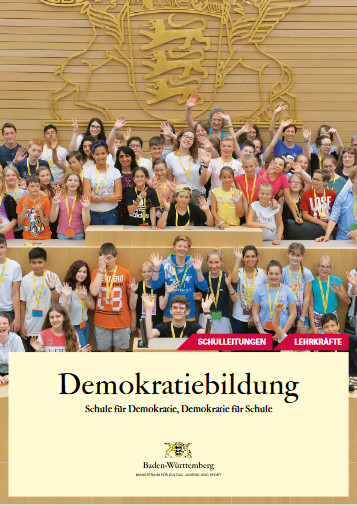 Deckblatt der Broschüre mit Foto, Titel und Logo: Winkende Schülergruppe mit Hintergrund Landeswappen