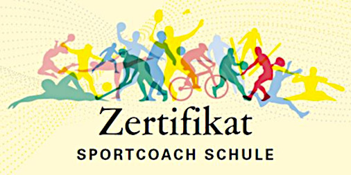 Logo des Zertifikats Sportcoach Schule: Über dem Schriftzug sind Sportlerinnen und Sportler in bunten Schattenrissen zu sehen in 